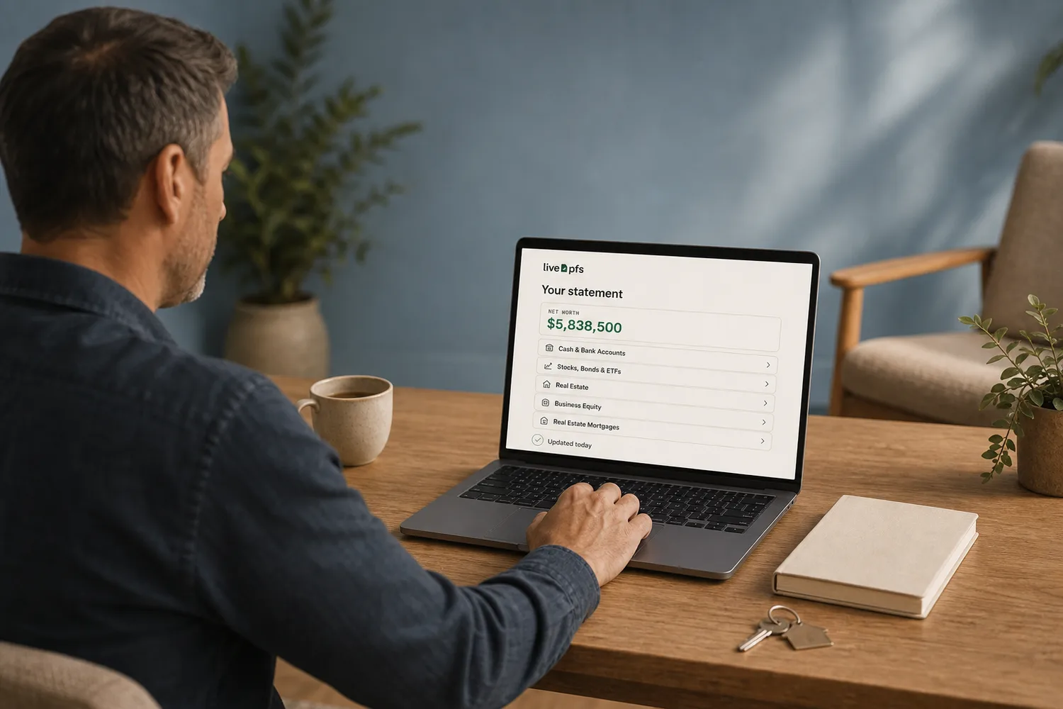 A person reviews an illustrative LivePFS net-worth summary on a laptop at a warm oak desk in morning light — example figures, not customer data