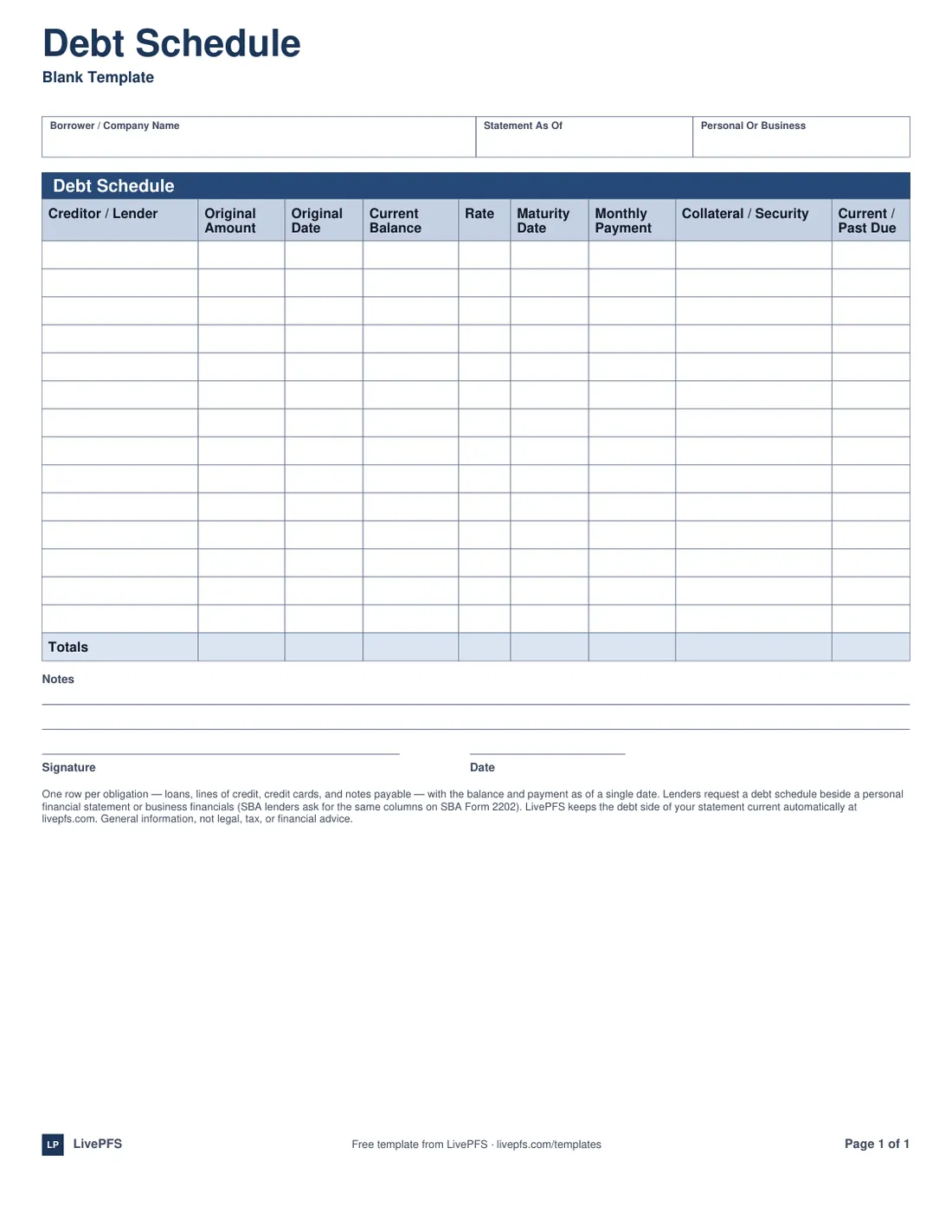 Preview of the debt schedule template, page 1 of 1