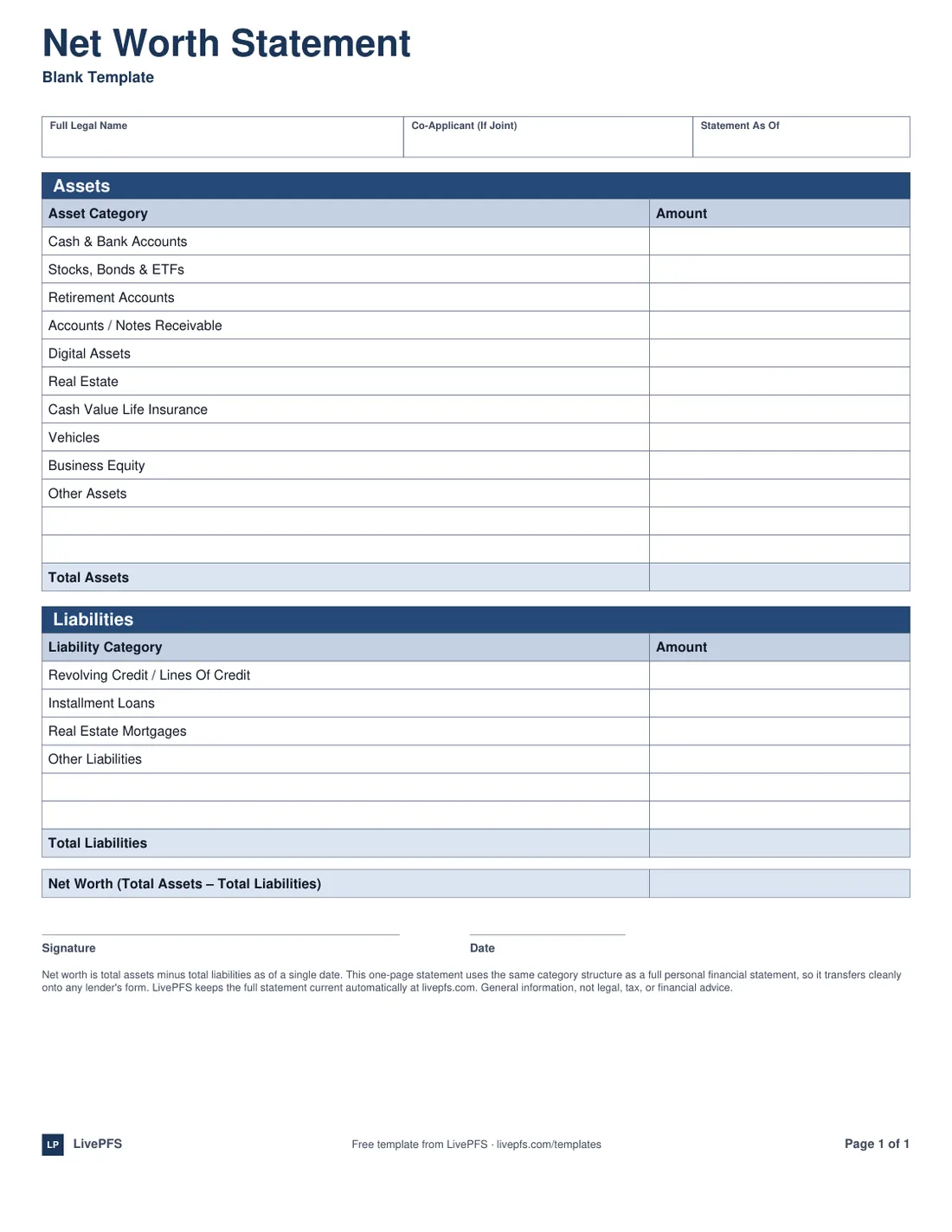 Preview of the net worth statement template, page 1 of 1